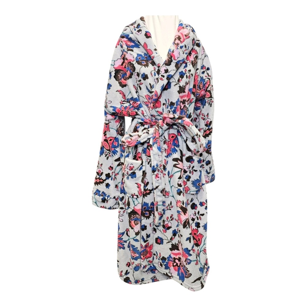 Vera Bradley Plush Soft Hooded Bathrobe Vineyard Floral Blues/Pinks L/XL